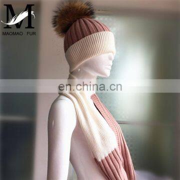 Wholesale Knitted Wool Cashmere Scarves Raccoon Fur Pom Hat Scarf Combination photo-4