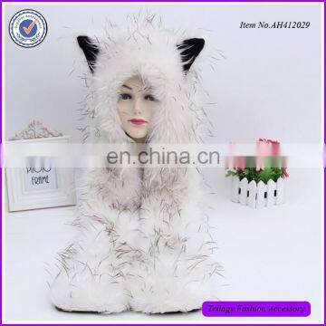 White Wolf Faux Fur Animal Hoods Animal Hats With Long Mittens