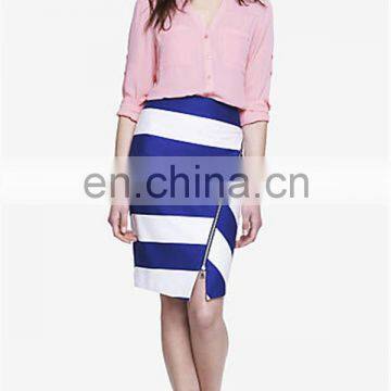 2015 Hot Products Designs High Waist Ladies blue and white strip knee length lady skirt