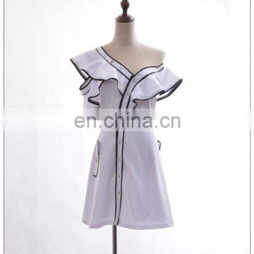 New Arrived One Shoulder off Cute Dress White Cotton Butterfly Sleeve Fit and Flare Mini Solid Dress photo-3