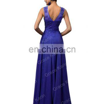 Grace Karin Sleeveless V-Back Beaded Blue Chiffon Prom Dress Long CL007555-6 photo-3