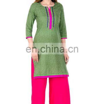 Dot print green color round neckline quality fabric short tunic kurta