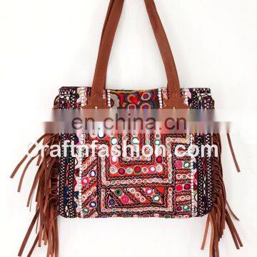 Indian tribal gypsy boho mirror work Lather Handbag- Vintage Banjara Handbag Leather Fringes- Latest Indian 2017 Vintage bag