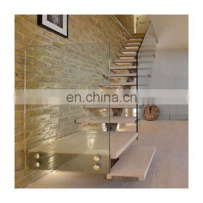 Carbon Steel Indoor Glass Railing Wooden Handrail Straight Shape Customized Stairs