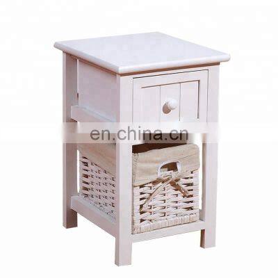 White Wood Shabby Chic Nightstand End Side Bedside Small Table Wicker Storage drawer and basket