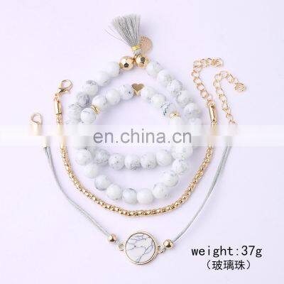 4pcs/Set Bohemian Stone Beads Chains Bracelets Set For Women Metal Heart Round Tassel Charm Bangle Fashion Jewelry photo-4