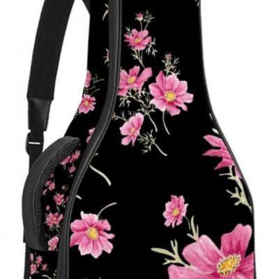 Acoustic Guitar Bag Waterresistant Dual Adjustable Shoulder Strap Guitar Case Bag,Black Pink Flowers and Grass photo-5