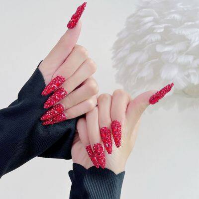 Cross-border European and American ins red petals full of diamonds artificial press on nails SUJB wholesale