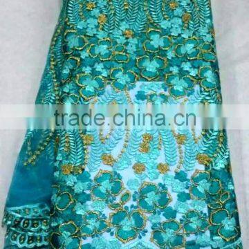 YL009-6 aqua color chemical embroidery french lace tulle fabric