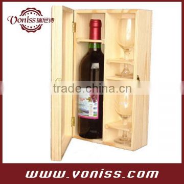 Wooden Single Bottle Wine Box Case Carrier,Wood Holder, Natural Wooden Color, Holds 1 Bottle 750ML and 2 Glass