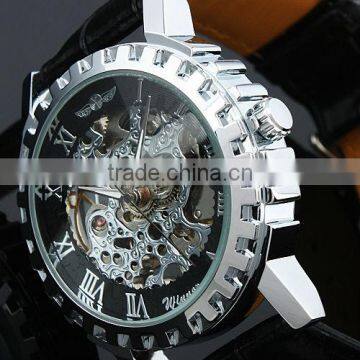 Man Men's Black Dial Leather Luxury Stainless Steel Skeleton Hand-Wind Up Mechanical Watch WM219