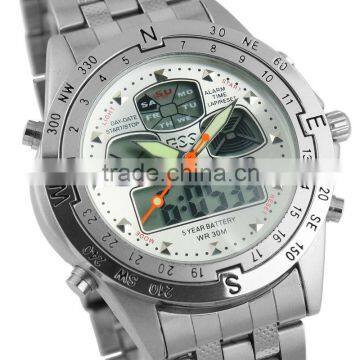 Brand New mens man analog digital alarm white face stainless steel sport quartz watch WM014-ESS