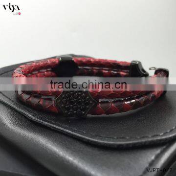 2016 Luxury 316L stainless steel fashion genuine python leather man bracelet for gift