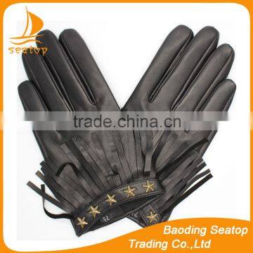 2016 fashion ladies black nickel star decoration and tassel leather gloves