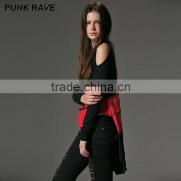 PT-042 Black and Red Color V-neck One Shoulder High-low Hemline T-shirt photo-2