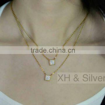 Hot sale new design jewelry gold plated with gemstone double silver necklace