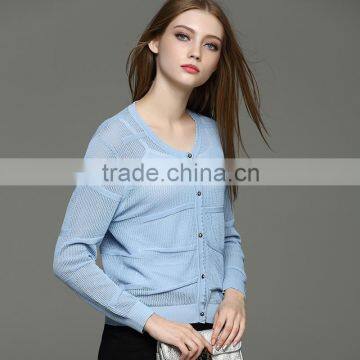 Lady's Knitted Round-neck Long Sleeve Pointelle Cardigan photo-2