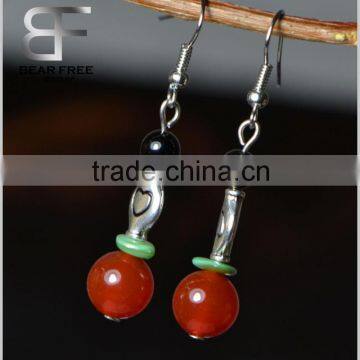 Heart Engraved Red Agate Beads Drop Earrings Elegant for Girls