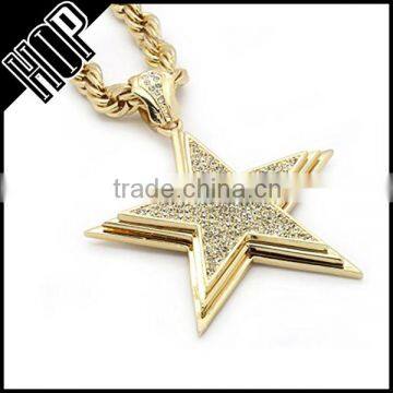 Hip Hop Mens 14k Gold Big Star Crystal Necklace