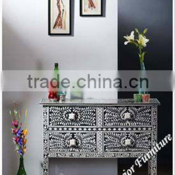 Black Bone Console Table- Inlay Four Drawer Console Table