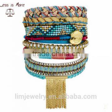 Handmade Knitting Multilayer Mix Color brazil Bracelets with gold chain tassel