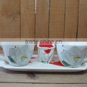 Breakfast Dinnerware Ceramic Two Cups and Sugar Jar Set with Tray