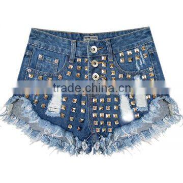 2016 Summer Women High Waist Hot Pants Ladies Decorated Metal Rivet Tassel Fringe Sexy Mini Ripped New Style Fashion Girls Jeans