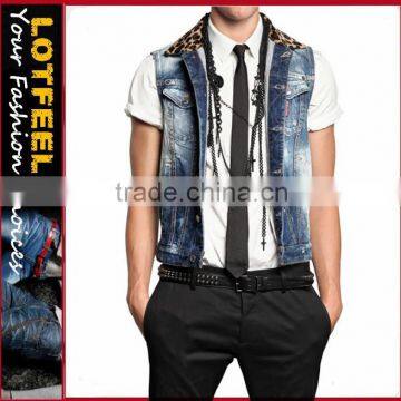 high quality men stone wash denim vest with leopard print collar (LOTJ247)