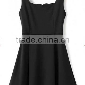 Black Plain Wavy Square Neck Sleeveless summer dress 2015