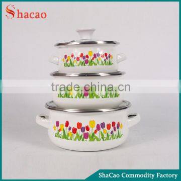 Set Of 3pcs Glass Lid Tulip Design Enamel Casserole Sets With Flowers
