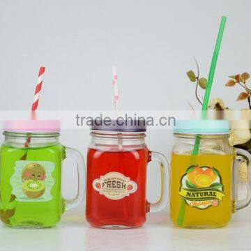 Eco-friendly glass mason jar with metal lid and straw