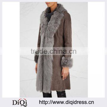 Wholesale Ladies Apparel Collar and Cuffs Shearling Lining Brown Suede Coat(DQE0380C)