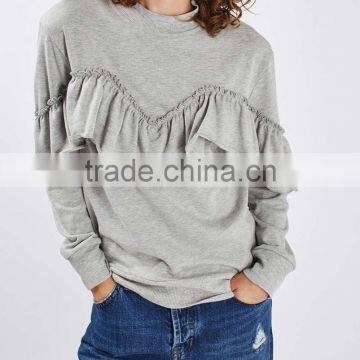 Wholesale China Cotton Polyester Blend Grey Heather Women Long Sleeve Jersey Ruffle Shoulder Sweatshirt photo-2