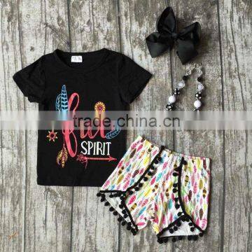Baby Girls Summer Clothes Girls Children Spirit Girl Outfits Kids Arrow Outfits Black Top With Feather Shorts With Accessories