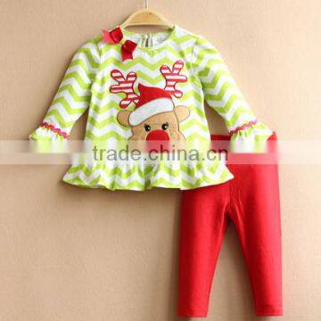 Girls clothing wholesale Latest professional design for Girl Christmas green striped embroidered reindeer set