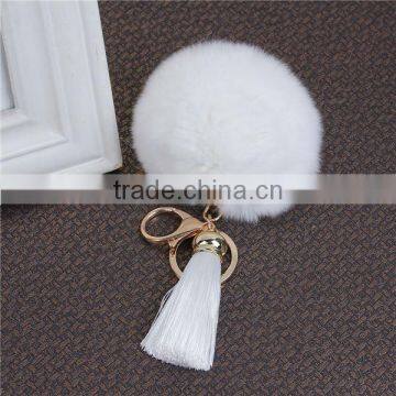 Cheap Wholesale Gold Plated White Angora Pom Pom Ball Rayon Tassel Keychain photo-2
