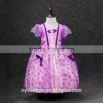 purple bowtie princess princess dress/kuyin g young girl flower printed princess dress/new design girl holiday fashion dress