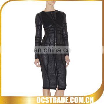 2014 long sleeves black pu leather cocktail dress women bandage gown