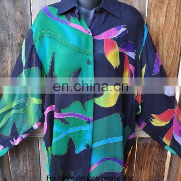 STYLISH HAND PAINTED BIRDS OF PARADISE SILK SHIRT JACKET KGN STYLE