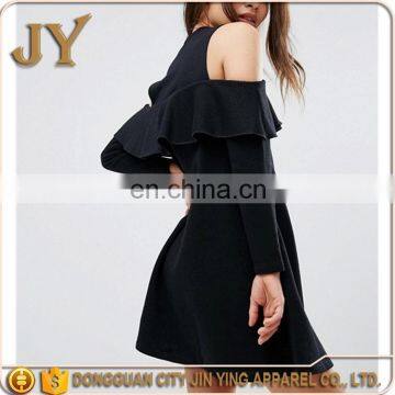 OEM Service Girl Cold Shoulder Long Sleeve Sweet Dress With Ruffle in Black JYA026 photo-4