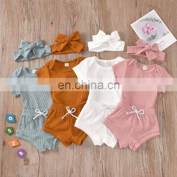 Solid color short-sleeved baby romper shorts  headband three-piece suit