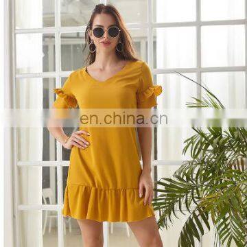 2020 Fashion New Lotus Leaf Skirt Short Sleeve Solid Color Dress Female Summer Stitching Chiffon Europe and America photo-6