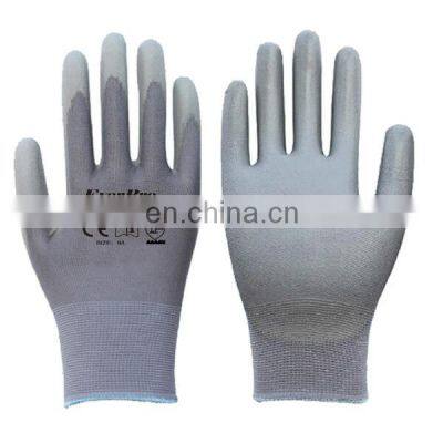 Breathable Gray Polyester Nylon Polyurethane Dipped Work Gloves PU For Maintenance