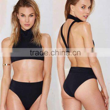 2016 New Black Tank Tops Bikini Vintage High Neck Bikini Triangle Swimwear High Waist Bikini Bandage Swimsuit Black Bathing Suit