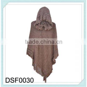 2015 women fashion warm fur hooded crochet knit poncho sweater with collar