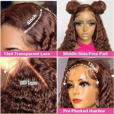 30 Inch Chocolate Brown Deep Wave Preplucked Human Hair 13x4 13X6HD Transparent Lace Front Wigs Curly Lace Frontal Wig for Women photo-4