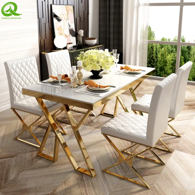 Modern Luxury White Tempered Glass Stainless Steel Dining Table Gold Legs Wedding Event Banquet Table