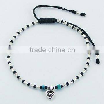 Macrame Bracelet Silver Heart Charm and Fluted Beads