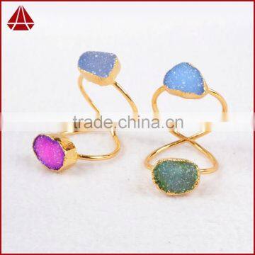 Fashion agate druzy double rings jewelry gold finger ring designs for girls