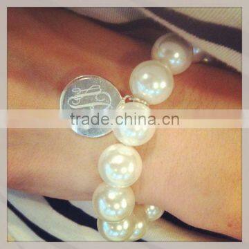 Monogrammed Silver Disc Pearls Stretch Bracelet